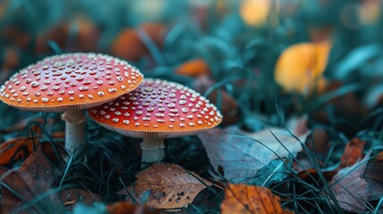 Poster - Two bright red mushrooms with white speckles stand amid colorful autumn leaves, glistening with dew droplets in a tranquil forest morning