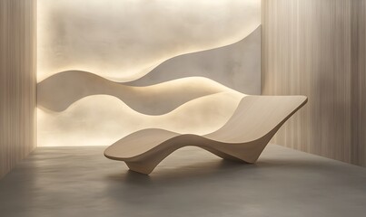 Fototapete - A futuristic lounge with a sculptural wooden design, perfect for modern interior inspiration.