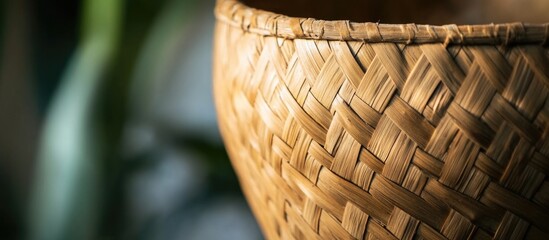 Poster - Woven bamboo basket close-up with natural texture and soft lighting featuring blurred background and copy space for design elements