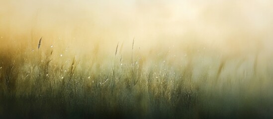 Poster - Blurry grassy field with dew droplets and soft warm light creating a natural and tranquil atmosphere suitable for text overlay Copy Space