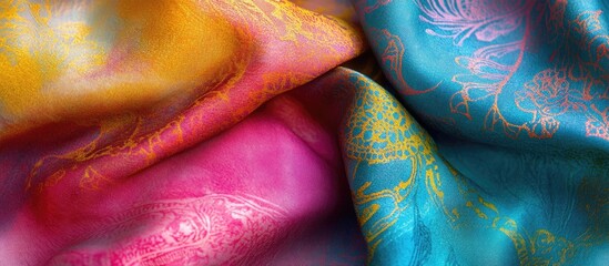 Poster - Colorful silk fabric with intricate patterns showcasing vibrant hues of pink, blue, and yellow ideal for textile background design. Copy Space