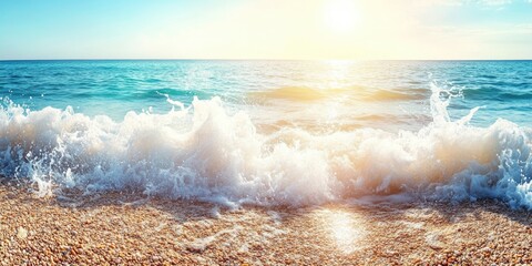 Poster - Seascape with waves crashing onto sandy beach at sunrise with bright blue water and clear sky Copy Space