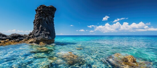 Poster - Rock formation in clear blue ocean water under a bright sky with a few clouds natural landscape copy space