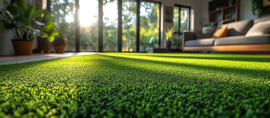 Poster - Interior with Artificial Grass Flooring and Sunlight Streaming Through Large Windows