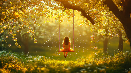 Poster - A young girl sits on a swing, immersed in the tranquility of blossoming trees as sunlight filters through, creating a magical atmosphere