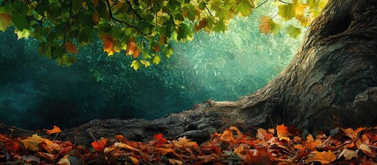 Poster - Autumn landscape featuring a large tree trunk with colorful fallen leaves, soft light filtering through green foliage, Copy Space