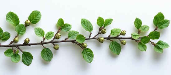 Poster - Branch with green leaves and unripe fruits on a white background with copy space for text