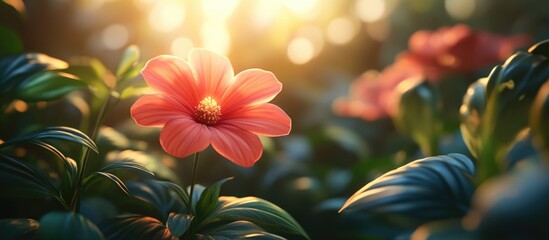 Wall Mural - Close-up of a vibrant pink flower surrounded by green leaves with soft sunlight shining through a blurred background and Copy Space