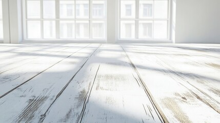 Poster - Modern empty room with wooden floor and large windows casting shadows on the surface offering Copy Space for text placement