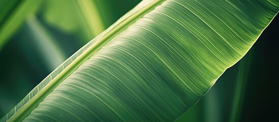 Poster - Green tropical leaf with detailed texture and vibrant veins against a blurred green background Copy Space