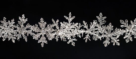 Poster - Close-up of intricate snowflake patterns on black background with copy space for text.