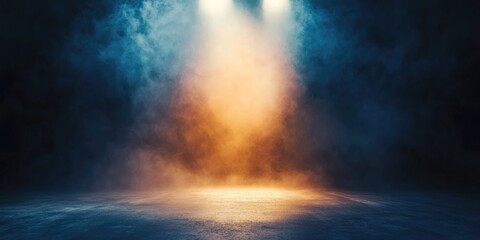 Poster - Abstract stage lighting with smoke and dramatic illumination in dark environment creating a vibrant atmosphere copy space