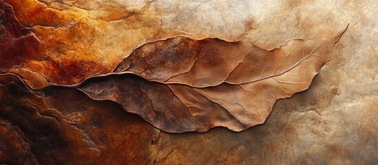 Poster - Close-up of dry brown leaves resting on textured earthy background with warm tones and soft lighting Copy Space