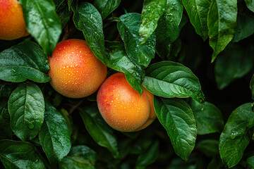 Wall Mural - Juicy peaches are nestled among vibrant green leaves, glistening with raindrops in a sunny orchard