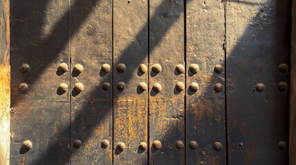 Poster - Close-up of weathered wooden door with metal studs and textured surface, showcasing shadows and rustic details, Copy Space