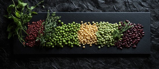 Wall Mural - Assorted legumes and greens arranged in a rainbow pattern on a dark surface with fresh herbs and copy space.