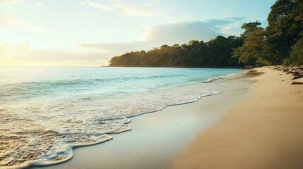 Poster - Soft waves roll onto a golden sandy beach, reflecting the warm glow of the rising sun. Lush greenery frames the tranquil shoreline, inviting peace and relaxation