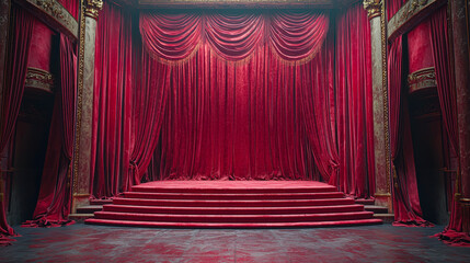 Aufkleber - The theater stage features rich red velvet curtains, elevated steps, and an inviting atmosphere for an upcoming performance
