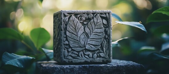 Poster - Carved stone block with leaf design surrounded by greenery and foliage in a natural outdoor setting Copy Space