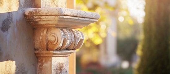 Poster - Close-up of an ornate stone architectural column with detailed carvings and soft sunlight in a blurred garden background Copy Space