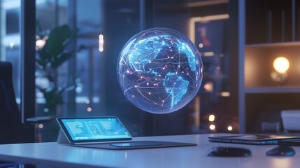 Poster - futuristic office scene with a holographic globe showing global network connections. Modern technology in a stylish setting