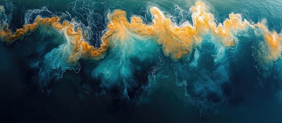 Poster - Aerial view of colorful ocean waves with vibrant orange and turquoise patterns swirling in the water Copy Space