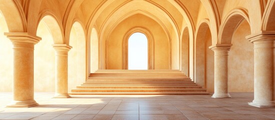 Poster - Interior of an ancient architectural hall with arches and steps leading to an illuminated window offering Copy Space