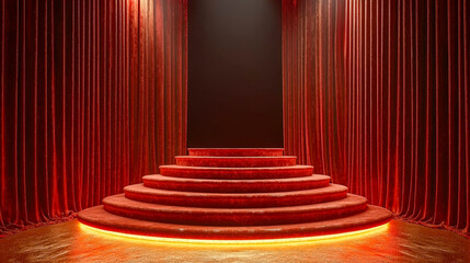 Aufkleber - a striking stage features a red carpeted platform illuminated softly, surrounded by rich red curtain