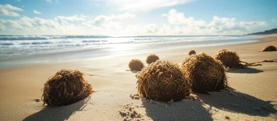 Poster - Seaweed balls on sandy beach with ocean waves under bright sky and sunlight, nature scene with copy space for text.