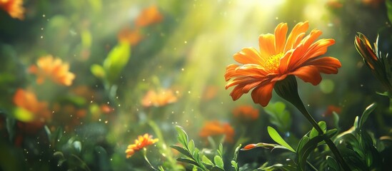 Poster - Close-up of vibrant orange flower amidst blurred green foliage and soft sunlight rays with copy space for text.