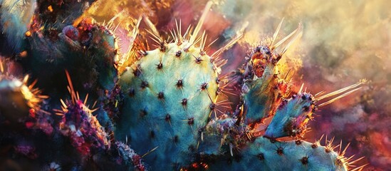 Poster - Colorful cactus plants with spines illuminated by soft light and a blurred background, nature photography with copy space.