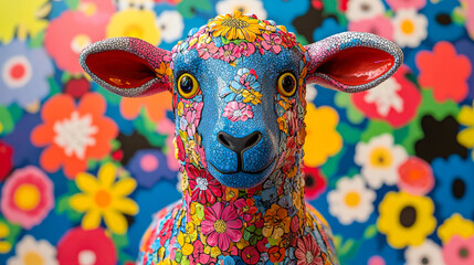 Aufkleber - A stunning sheep sculpture covered in a multitude of colorful flowers stands out against a vibrant backdrop filled with floral patterns
