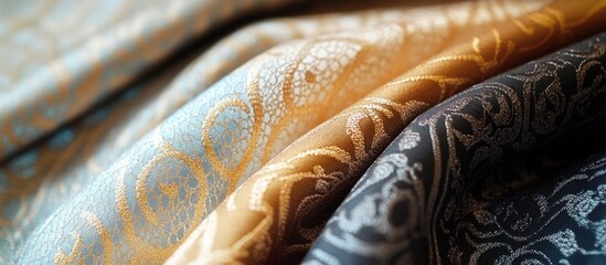 Poster - Textured fabric close-up with intricate patterns in blue, gold, and black colors suitable for backgrounds and design elements Copy Space