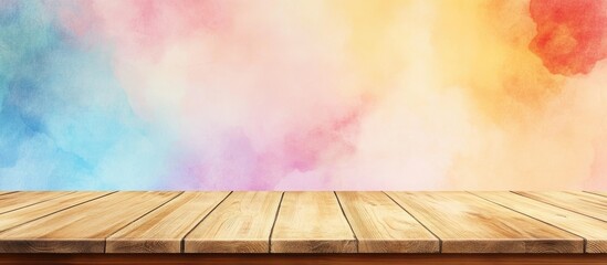 Fototapete - Wooden table surface and colorful watercolor background with gradient pastel hues for product display or presentation Copy Space