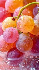 Poster - A close-up view of various colorful grapes covered in droplets of water, presenting a refreshing display perfect for summer enjoyment