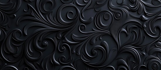 Poster - Black textured background with ornate floral patterns in relief detail suitable for use in design projects and as a wallpaper. Copy Space
