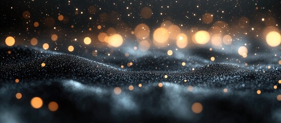 Poster - Abstract blurred background with sparkling golden bokeh lights and soft dark texture illuminated by gentle glows Copy Space