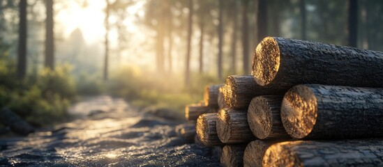 Sticker - Sunlit forest scene with stacked wooden logs on a rocky path creating a tranquil atmosphere in nature with soft lighting and greenery. Copy Space.