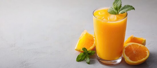 Wall Mural - Fresh orange juice in a glass with ice and mint leaves surrounded by orange slices on a gray background Copy Space