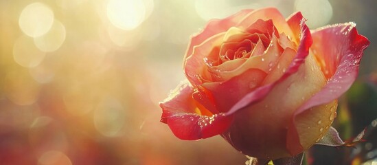 Poster - Close-up of a beautiful two-tone rose with dew droplets on petals against a soft shimmering bokeh background and warm sunlight Copy Space