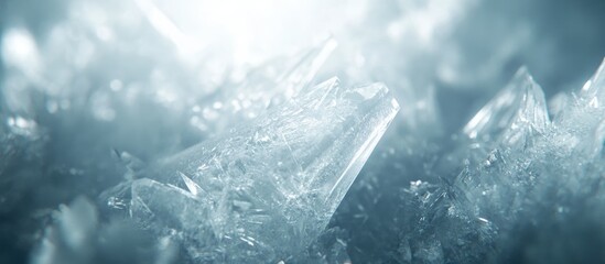 Poster - Close-up view of sharp crystalline structures with a bluish hue and soft lighting, showcasing ice or mineral textures, Copy Space