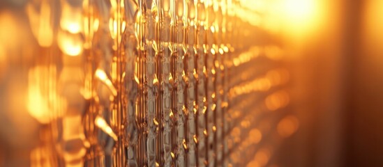 Fototapete - Close-up of textured metallic surface illuminated by sunset light with warm tones and reflections Copy Space