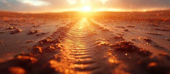 Poster - Sunset over sandy terrain with tire tracks leading into horizon illuminated by warm orange light and sparkling dust particles, Copy Space