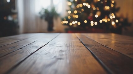 Poster - Wooden tabletop with blurred Christmas tree lights in background and natural light coming through window Copy Space