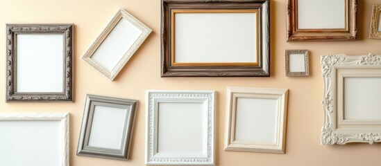 Fototapete - Assorted empty picture frames arranged on a light wall with space for text and decoration Copy Space