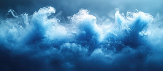 Poster - Blue smoke or fog in an abstract formation with cloud-like shapes and swirls against a blurred background with soft lighting and Copy Space.