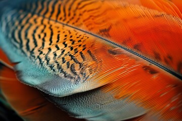 Poster - Close up of a feather with intricate orange and blue pattern detail