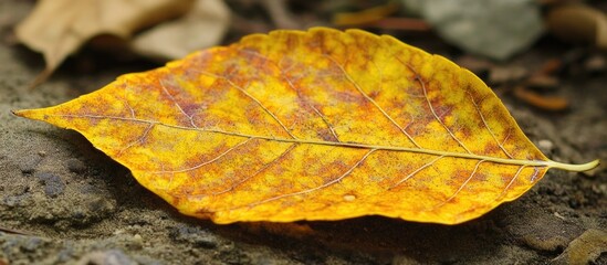 Poster - Close-up view of a vibrant yellow autumn leaf resting on a textured surface with blurred natural background and Copy Space