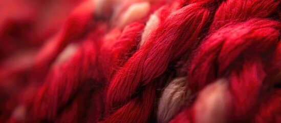 Poster - Close-up view of textured red fabric fibers showcasing intricate patterns and color variations with soft focus and depth of field Copy Space