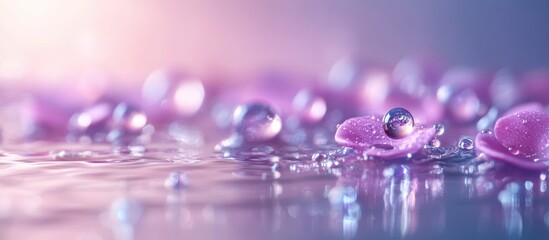 Poster - Soft focus close-up of pink flower petals with water droplets on a reflective surface and gentle bokeh background Copy Space
